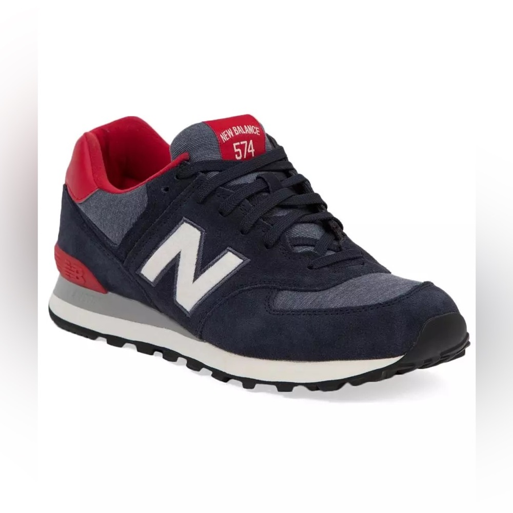 New Balance 574 sneakers in a navy and red colorway size 11.5